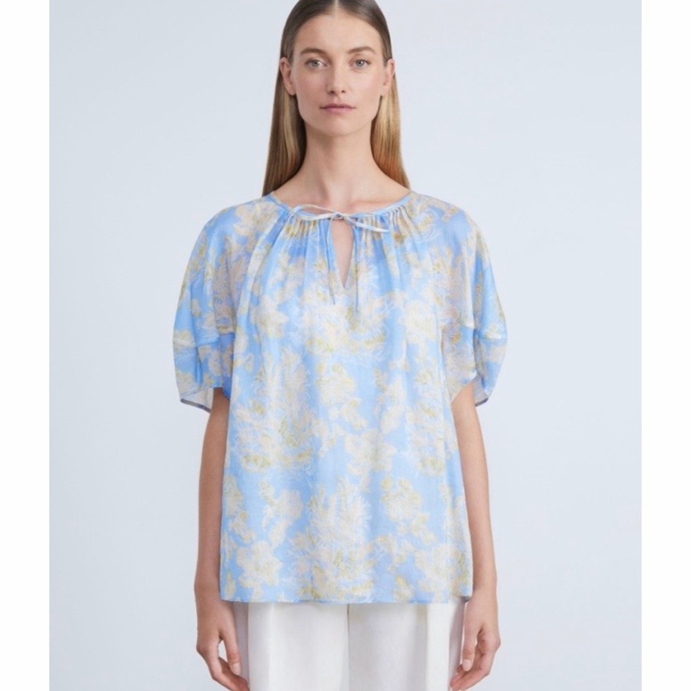 Lafayette 148 Blue Floral Voile Pleated Neckline Blouse
